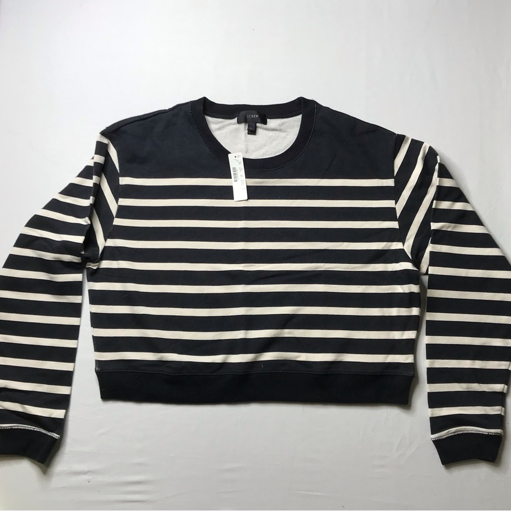 J Crew Black and White Crewneck Cropped Sweatshirt with Stripes Large